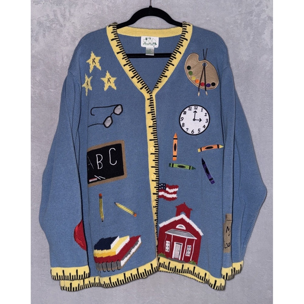 Vintage Quacker Factory School House Cardigan 3X Blue Embroidered Ruler Crayons